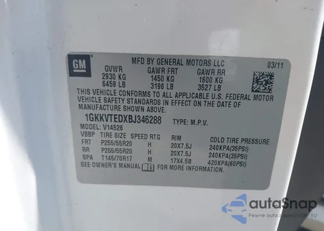 2011 GMC Acadia Denali from USA, damaged, VIN 1GKKVTEDXBJ346288